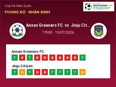 Nhận định bóng đá Ansan Greeners FC vs Jinju Citizen (17h00, 15/07): Khách lấn chủ