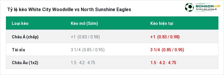 Tỷ lệ kèo White City Woodville vs North Sunshine Eagles tại BongdaVIP