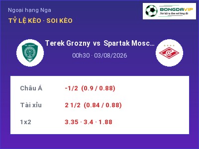 Dự đoán Terek Grozny vs Spartak Moscow, 00h30 ngày 03/08: Tỷ lệ kèo Ngoại hạng Nga