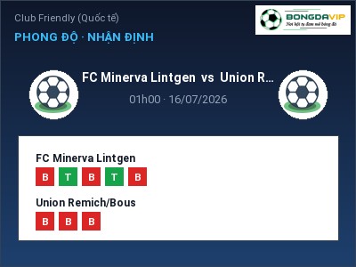 Dự đoán FC Minerva Lintgen vs Union Remich/Bous, 01h00 ngày 16/07: Tỷ lệ kèo Club Friendly (Quốc tế)