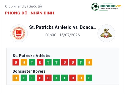 Dự đoán St. Patricks Athletic vs Doncaster Rovers, 01h30 ngày 15/07: Tỷ lệ kèo Club Friendly (Quốc tế)