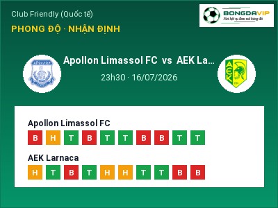 Dự đoán Apollon Limassol FC vs AEK Larnaca, 23h30 ngày 16/07: Tỷ lệ kèo Club Friendly (Quốc tế)